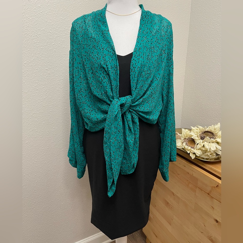 Teal and Black Sheer Open Front Kimono Cardigan - Picture 7 of 16